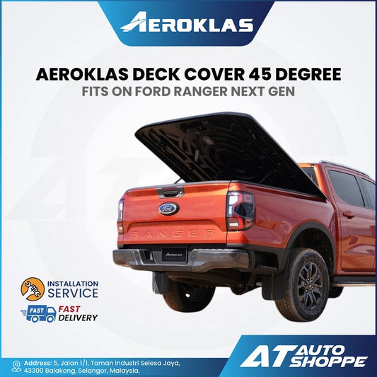 Aeroklas deck cover for Ford Ranger with product details and branding on a white background