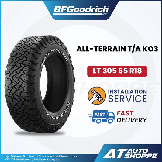 BFGoodrich All-Terrain T/A KO3 tire with product details on a white background