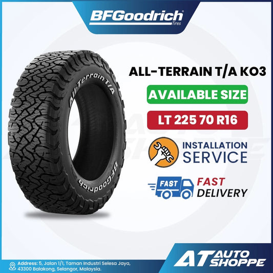 BFGoodrich All-Terrain T/A KO3 tire with product details on a white background