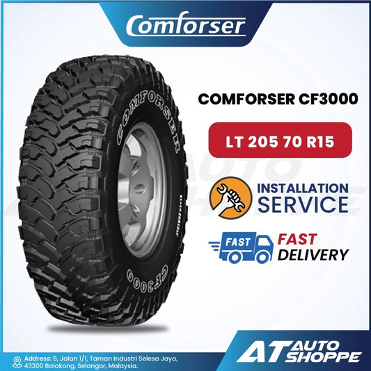 Comforser CF3000 tire with installation service and delivery information on a white background