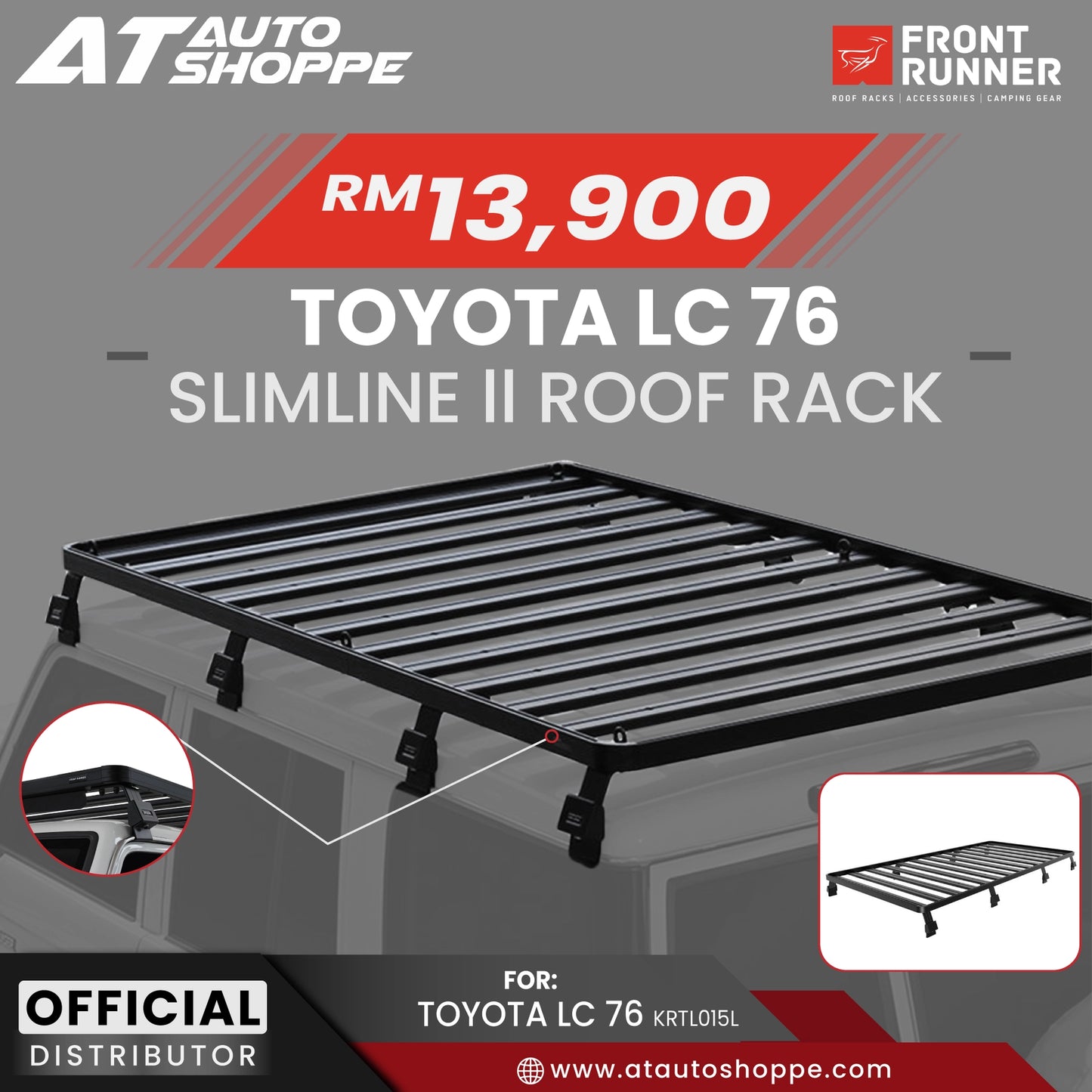 Toyota LC 76 Slimline II roof rack with pricing and branding on a gray background