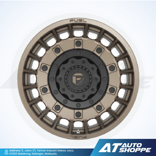 Beige and black wheel rim with 'FUEL' branding on a white background, featuring AT Auto Shoppe logo.