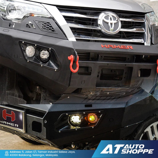 Hamer 4x4 AM105 Sports Series Front Steel Bumper With LED Daytime Lights For Hilux Revo, Fortuner, T6FL, NP300