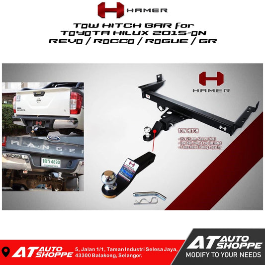 Hammer tow hitch bar for Toyota Hilux with product details and AT Auto Shoppe branding.
