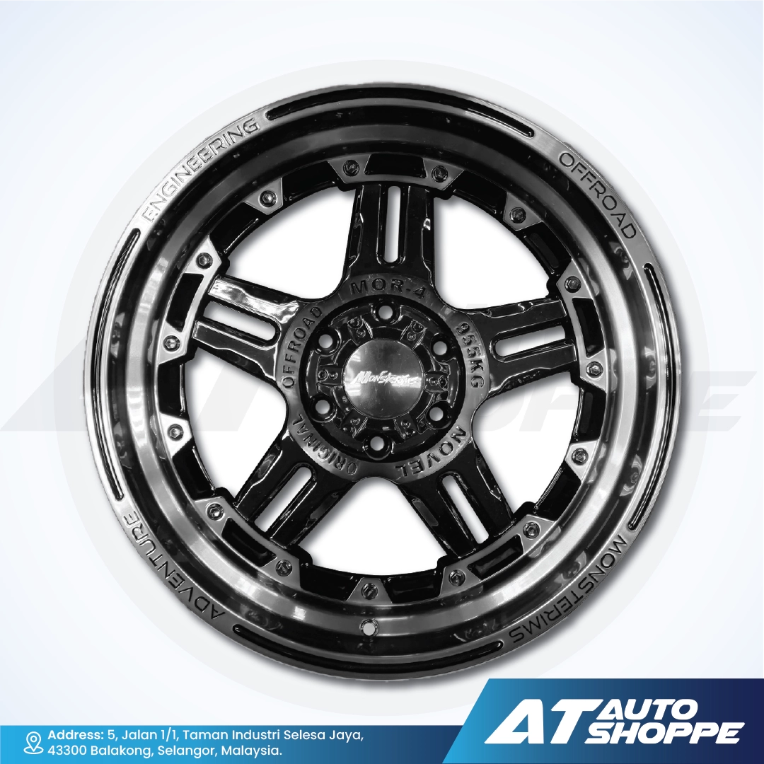 Monsterims car wheel rim with 'AT Auto Shoppe' branding on a white background