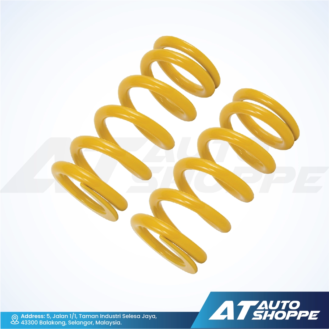 Ohlins yellow springs on a white background with AT Auto Shoppe branding.