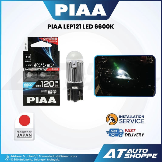 PIAA LED bulb packaging with bulb, packaging, and installation service graphic on a white background.