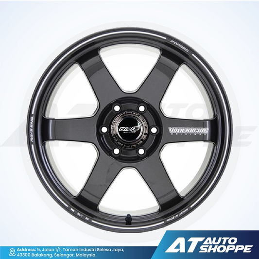 Black alloy wheel with 'RAYS' branding on a white background, featuring 'AT Auto Shoppe' logo.