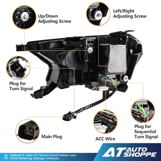 Technical diagram of a Vland headlight with labeled components and AT Auto Shoppe branding.