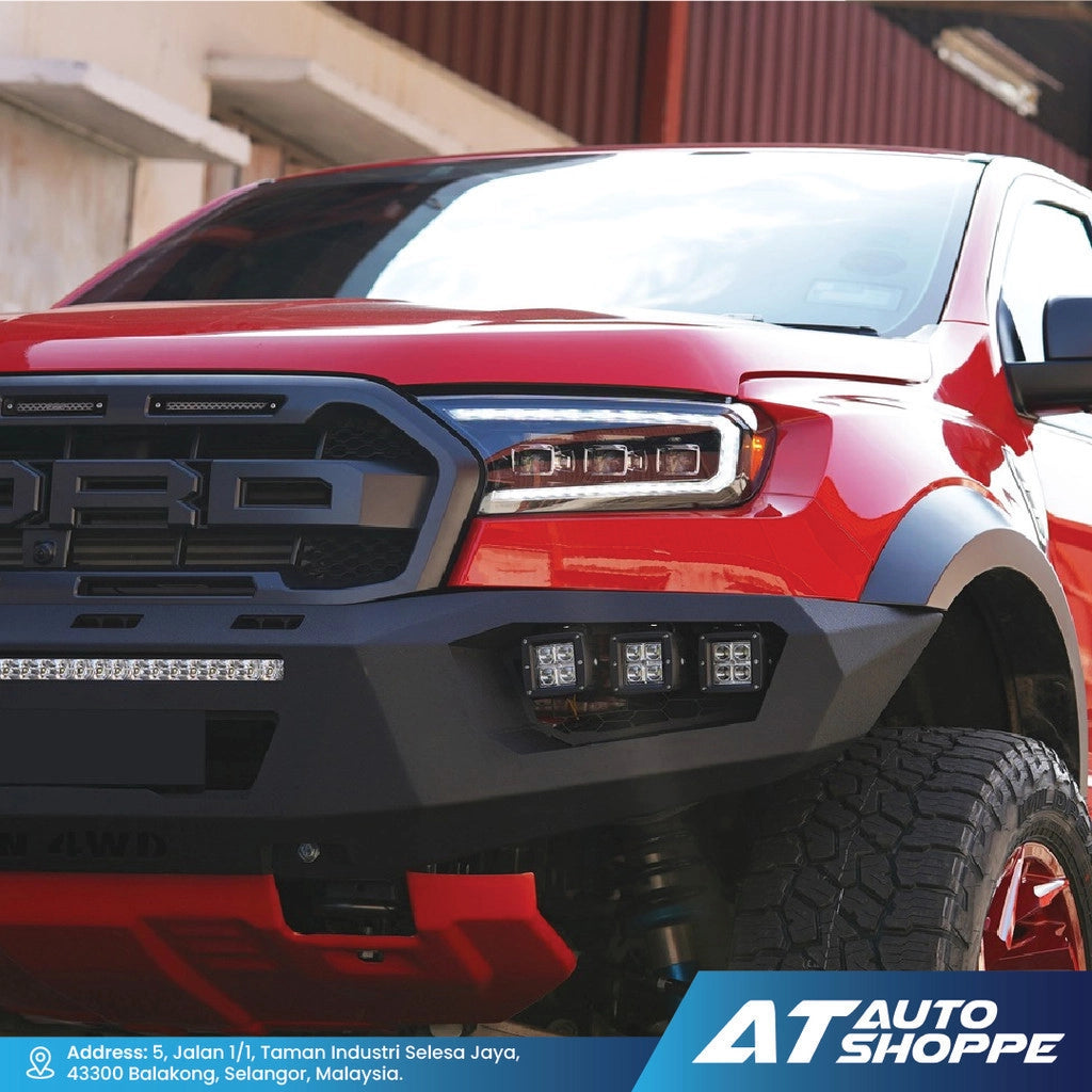 Red and white truck Vland headlamps mounted on bumper