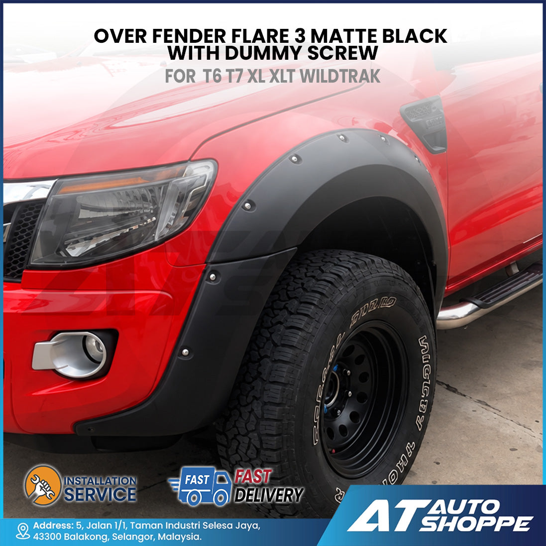 3-Inch Over Fender Flares Matte Black With Dummy Screw For Ford Ranger T6 T7