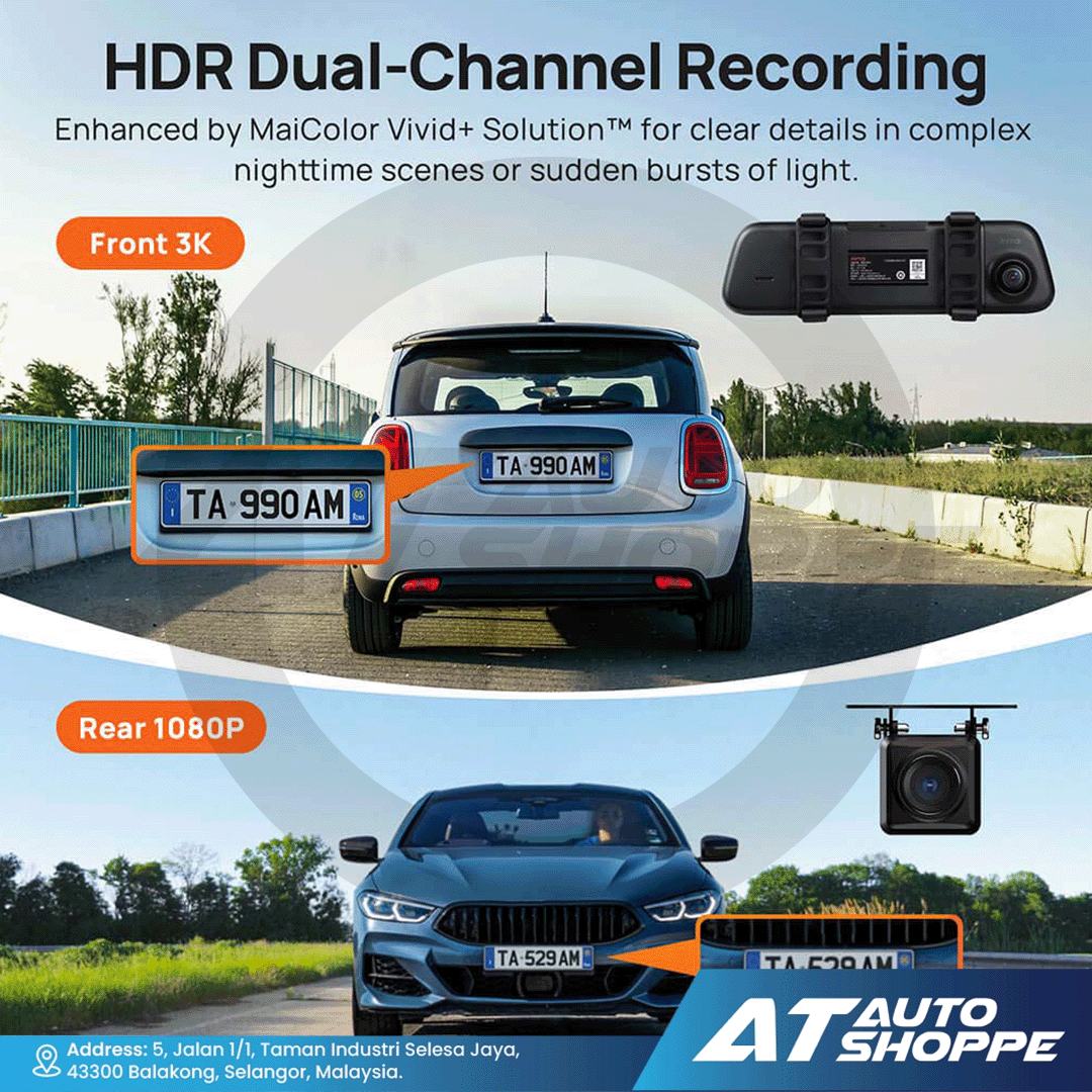 70mai S500 3K Rearview Mirror Dash Cam Touchscreen Sony STARVIS 2 Front & Rear
