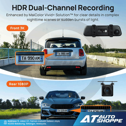 70mai S500 3K Rearview Mirror Dash Cam Touchscreen Sony STARVIS 2 Front & Rear