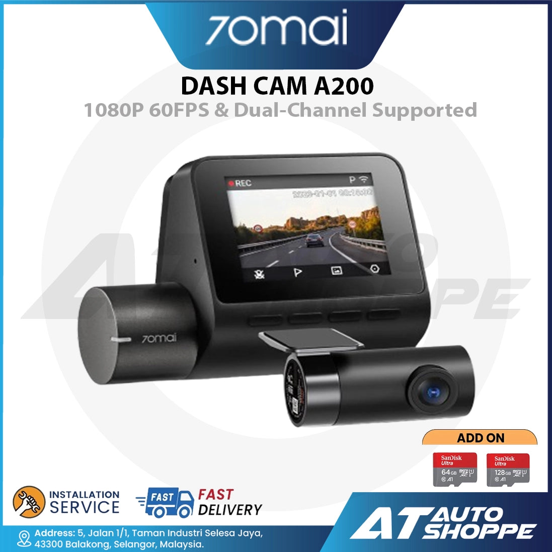 70mai A200 Dash Cam 1080P 60FPS & Dual-Channel Supported