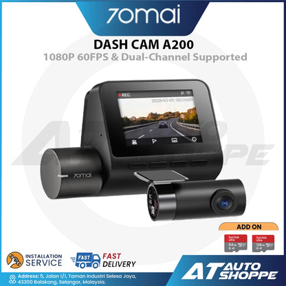 70mai A200 Dash Cam 1080P 60FPS & Dual-Channel Supported
