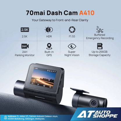 70mai A410 Dash Cam (Front 2.5K + Rear 1080P) | Dual Channel HDR Car DVR | Built-in GPS & 24H Parking Surveillance
