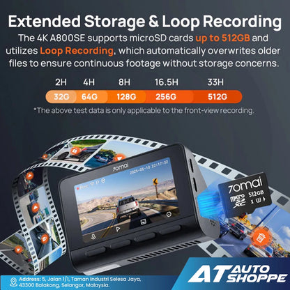 70mai Dash Cam 4K A800SE HDR, Super Night Vision, Emergency Record, Supercapacitor & 24H Surveillance