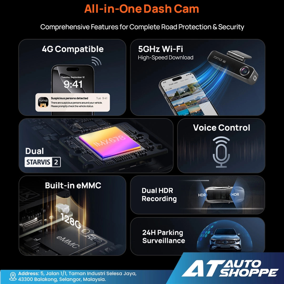70mai Dash Cam 4K M800 Built-In EMMC, Dual Sony Starvis 2, HDR Recording, 4G LTE