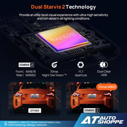 70mai Dash Cam 4K M800 Built-In EMMC, Dual Sony Starvis 2, HDR Recording, 4G LTE