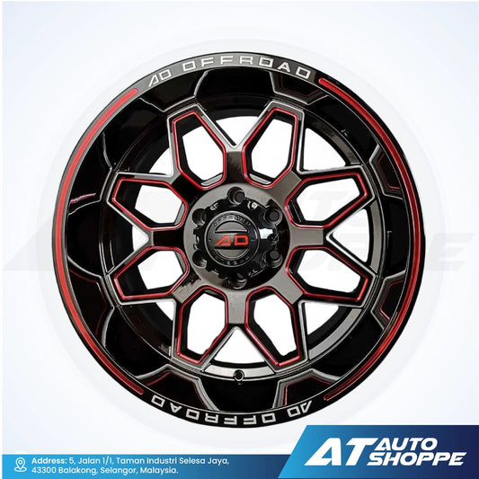 Black and red alloy wheel with '4D Offroad' branding on a white background, featuring AT Auto Shoppe logo.