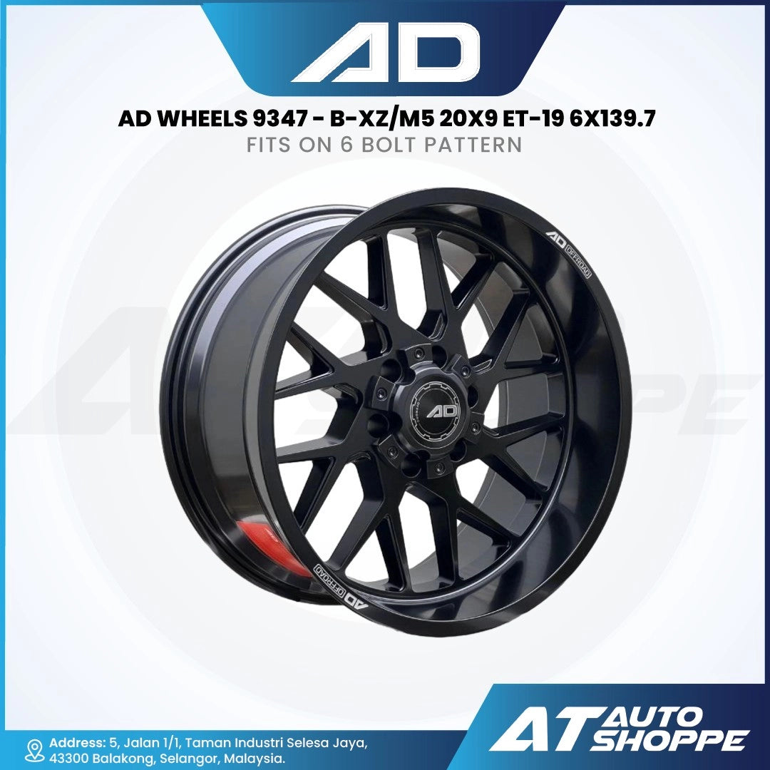 Black alloy wheel with specifications on a white background, featuring the AD Auto Shoppe logo.