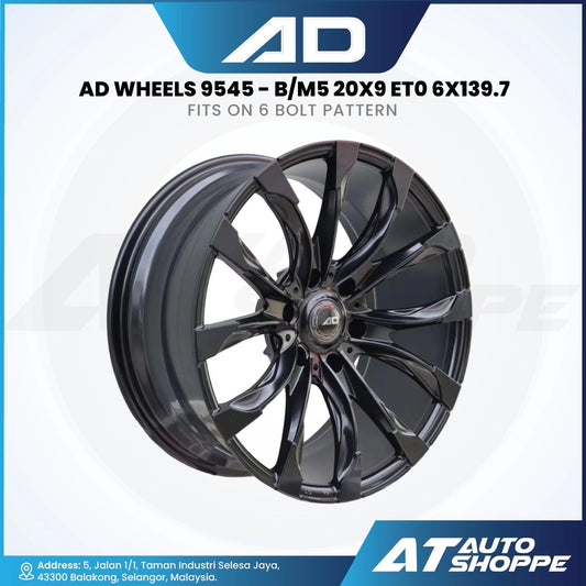 Black alloy wheel with specifications on a white background, featuring the AD Auto Shoppe logo.