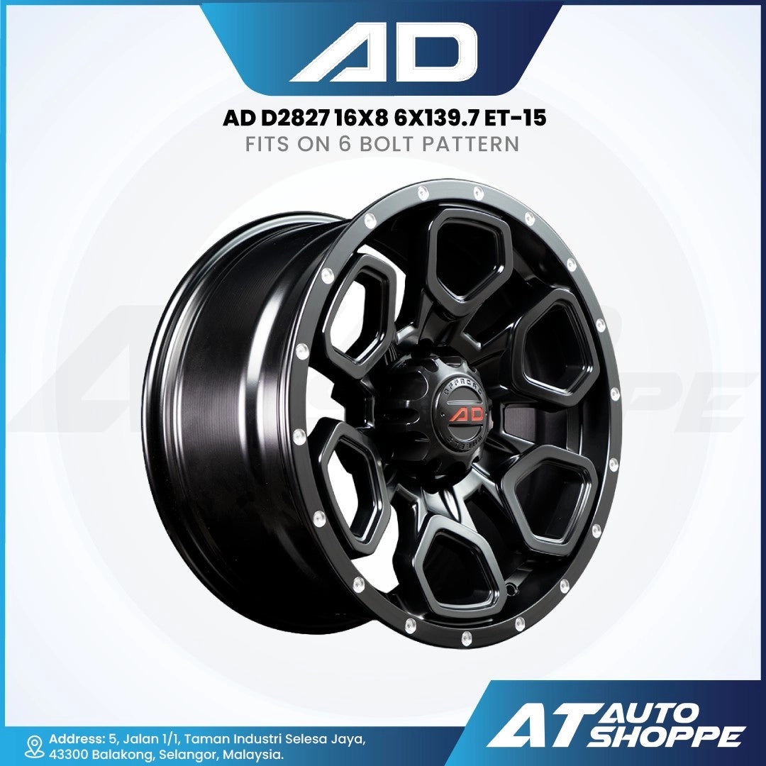 Black alloy wheel with 'AD' branding on a white background, featuring product details and 'AT Auto Shoppe' branding.