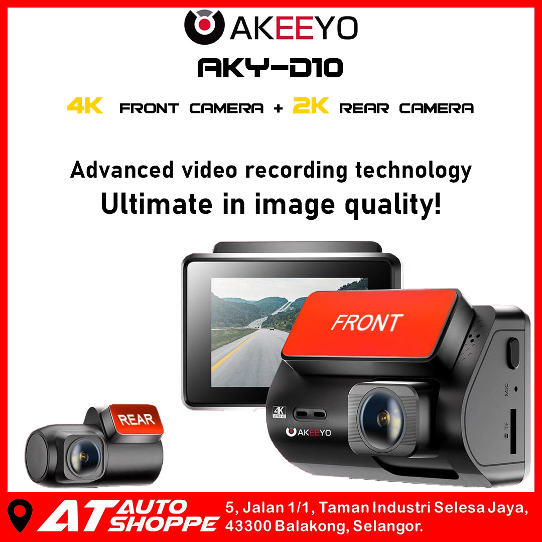 Akeeyo AKY-D10 dual-camera system with front and rear cameras on a white background.