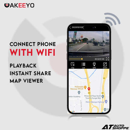 Phone with map application on screen, connected to Wi-Fi, displayed on a white background with Oakeeyo branding.