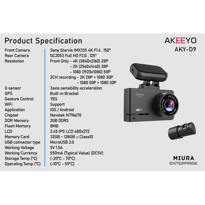 AKEEYO AKY-D9 4K + 2K Dual Dash Cam GPS