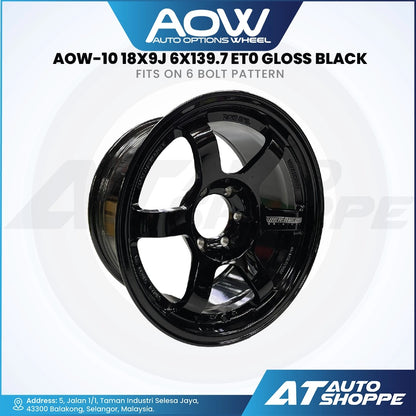 Black alloy wheel with specifications on a white background, featuring AOW Auto Options Wheel branding.