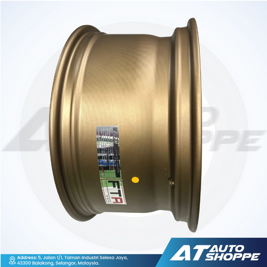Gold rim with a visible brand logo on a white background