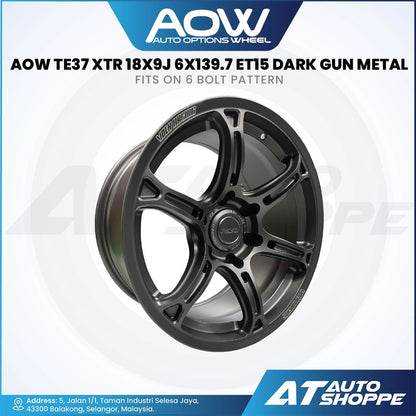 Dark gunmetal alloy wheel with AOW branding on a white background