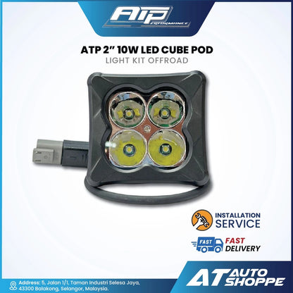 ATP 2" 10W LED Cube Pod light kit offroad with AT Auto Shoppe branding.