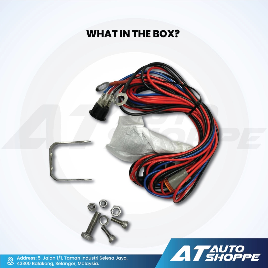 Wiring harness kit with connectors and screws on a white background, featuring AT Auto Shoppe branding.