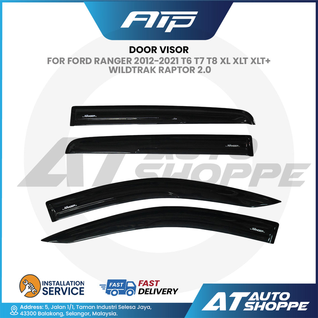 ATP Door Visor Set For Ford Ranger 2012-2021 T6 T7 T8 XL XLT XLT+ Wildtrak Raptor