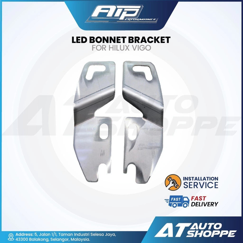 LED bonnet bracket for Hilux Vigo with AT Auto Shoppe branding and installation service promise.