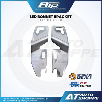 LED bonnet bracket for Hilux Vigo with AT Auto Shoppe branding and installation service promise.