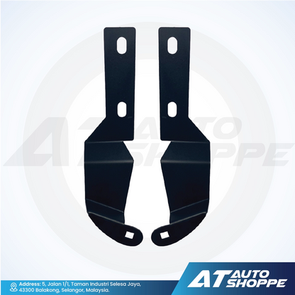 Pair of black metal brackets on a white background with AT Auto Shoppe branding.