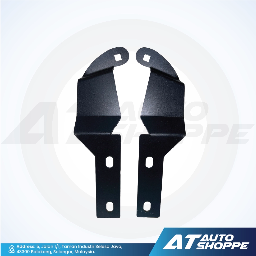 Pair of black metal brackets on a white background with AT Auto Shoppe branding.