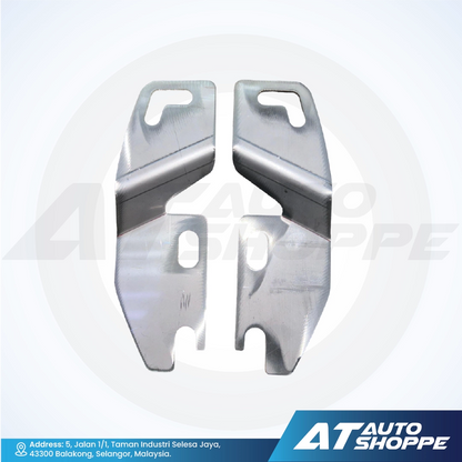 Metal car parts on a white background with AT Auto Shoppe branding.