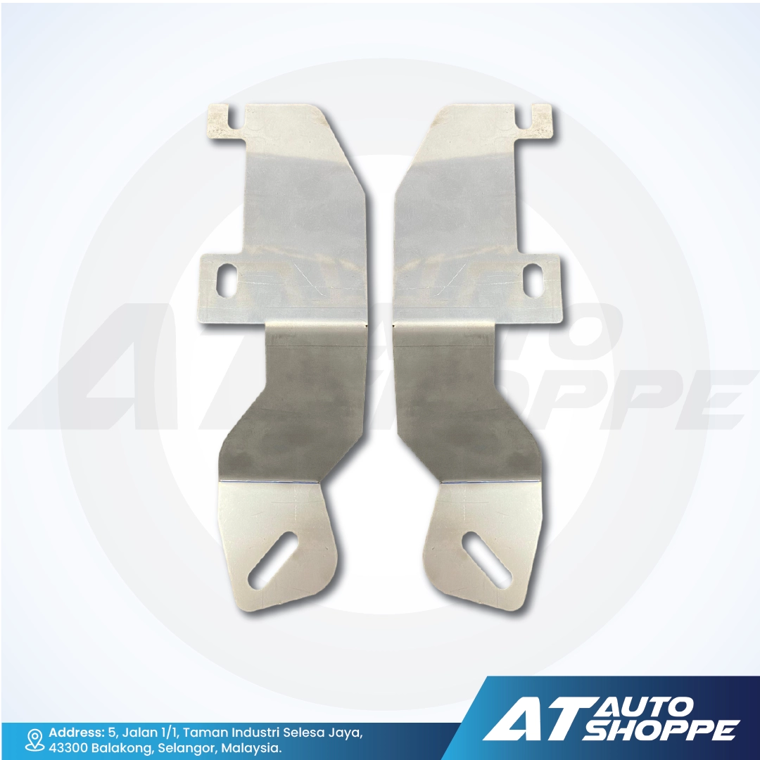 Two metal brake pads on a white background with AT Auto Shoppe branding.
