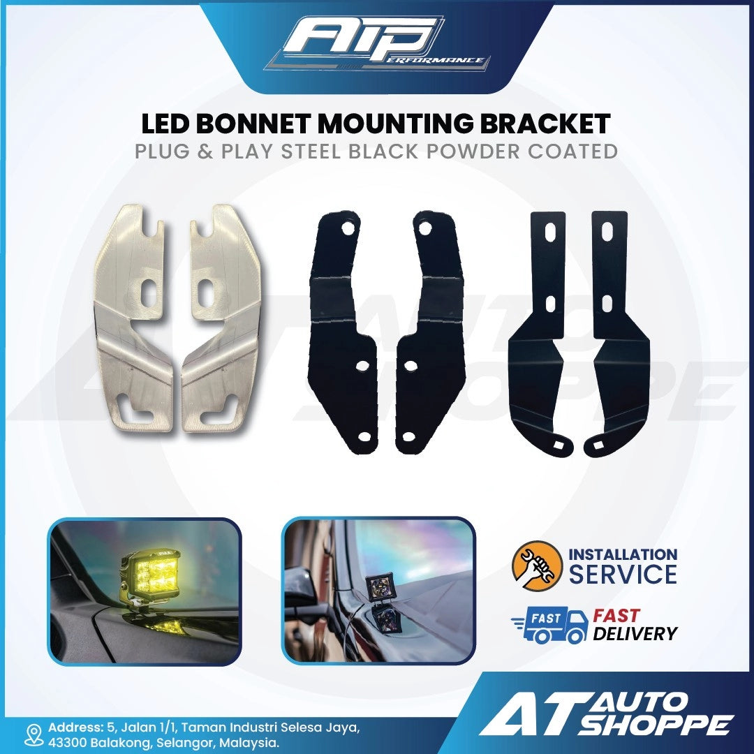 LED bonnet mounting bracket set with installation service details on a white background