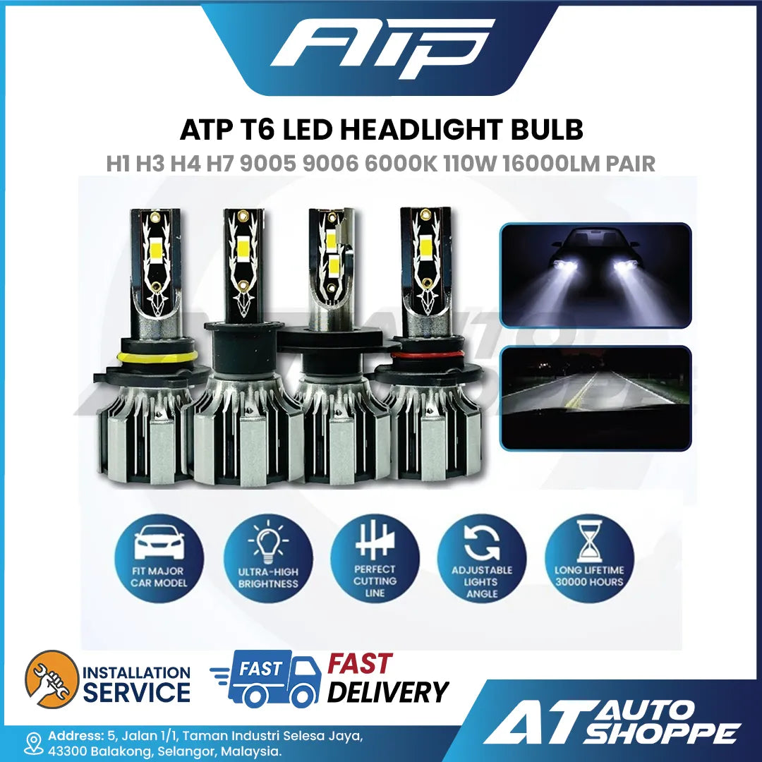 ATP T6 LED Headlight Bulb H1 H3 H4 H7 9005 9006 6000K 110W 16000LM Pair