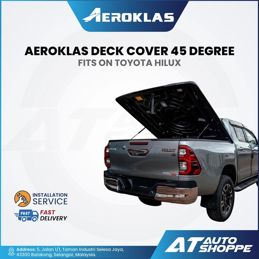 Aeroklas deck cover 45 degree for Toyota Hilux with truck image and branding.
