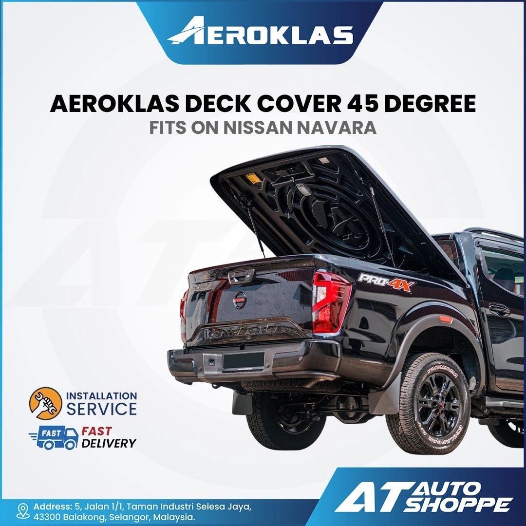 Aeroklas deck cover for Nissan Navara with product details on a white background