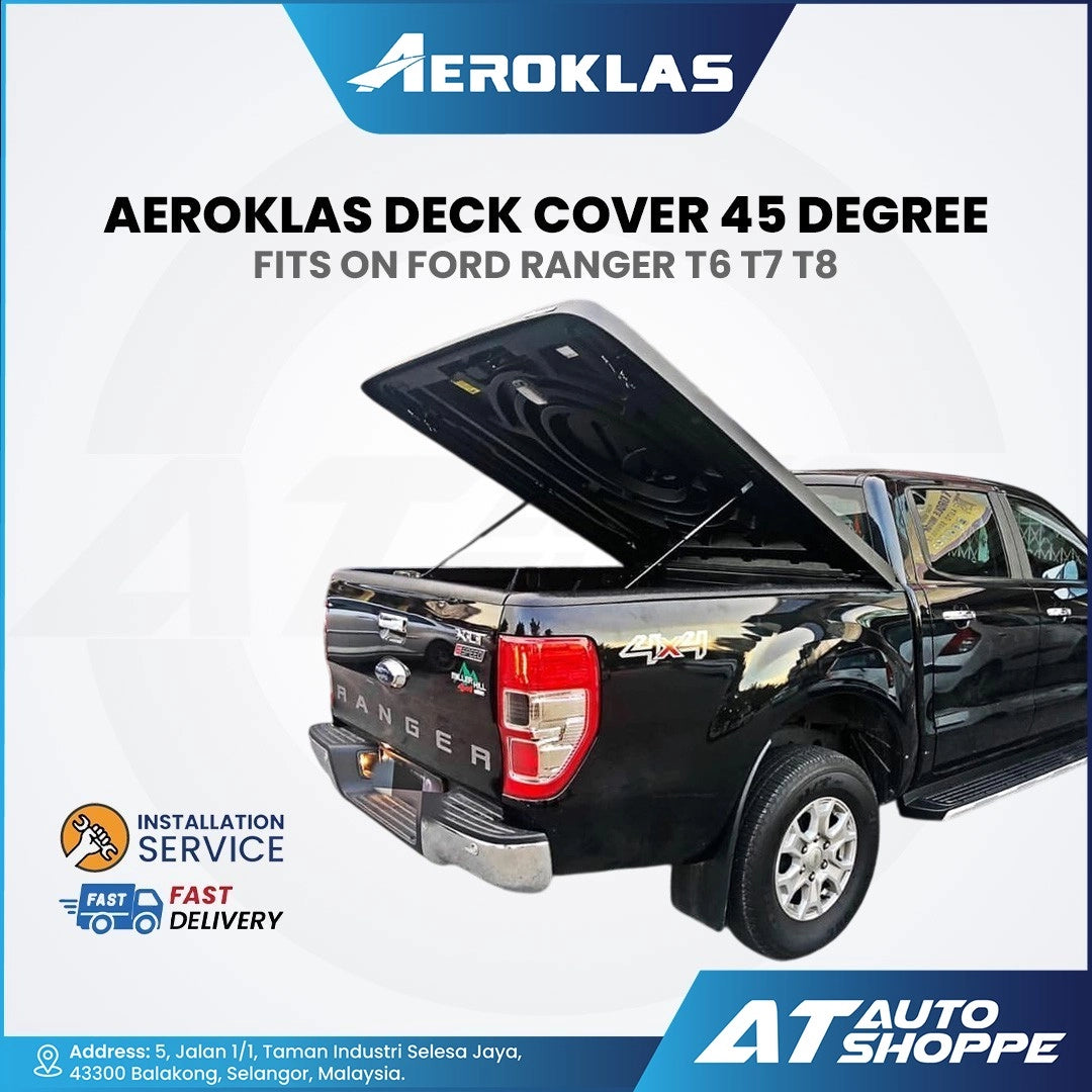 Aeroklas deck cover for Ford Ranger T6 T7 T8 with car image and branding elements.