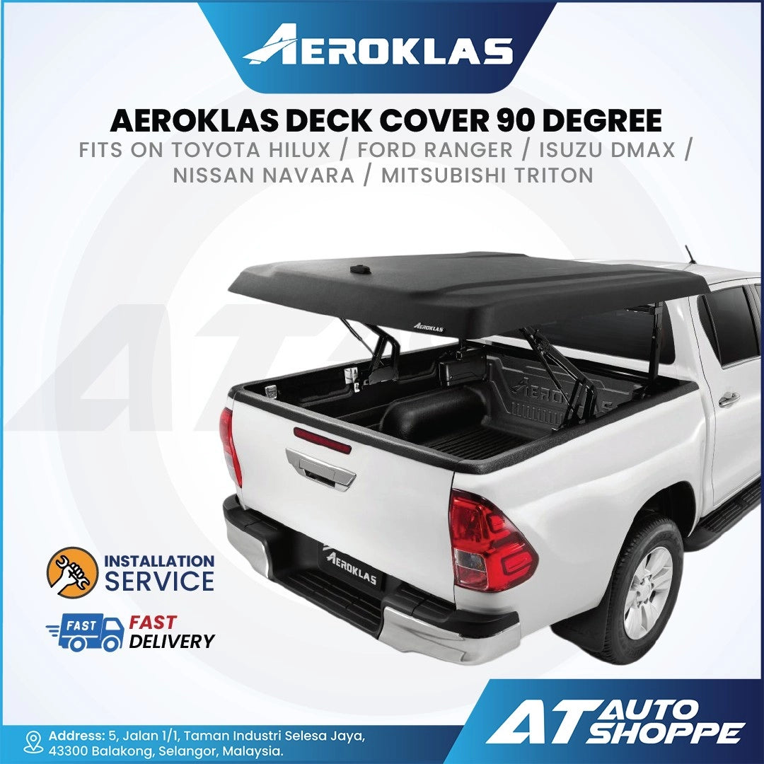 Aeroklas deck cover on a white pickup truck with branding and product details.
