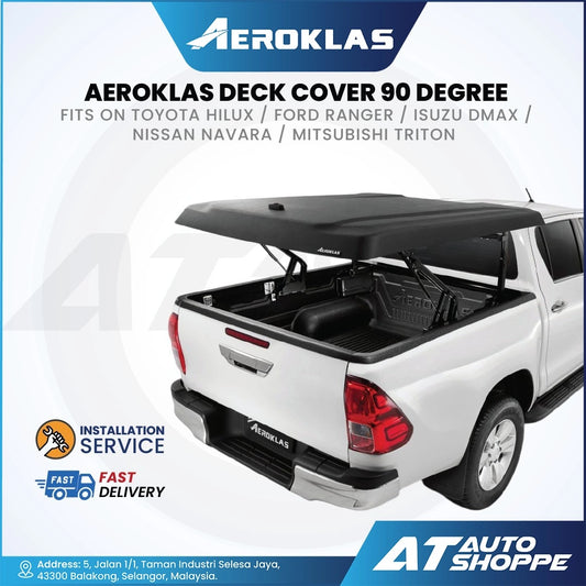 Aeroklas deck cover on a white pickup truck with branding and product details.