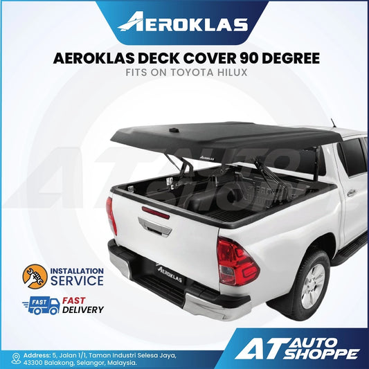 Aeroklas deck cover for Toyota Hilux with product details and branding on a white background